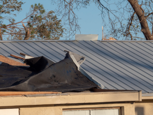 Wind damage to a roof, with shingles lifting up and exposing the underlayment. 