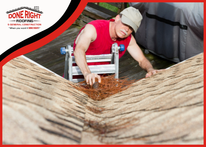 Homeowner inspecting roof for end-of-summer maintenance