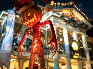 A Lexington home with a safely decorated roof for Halloween with pumpkins and skeletons.
