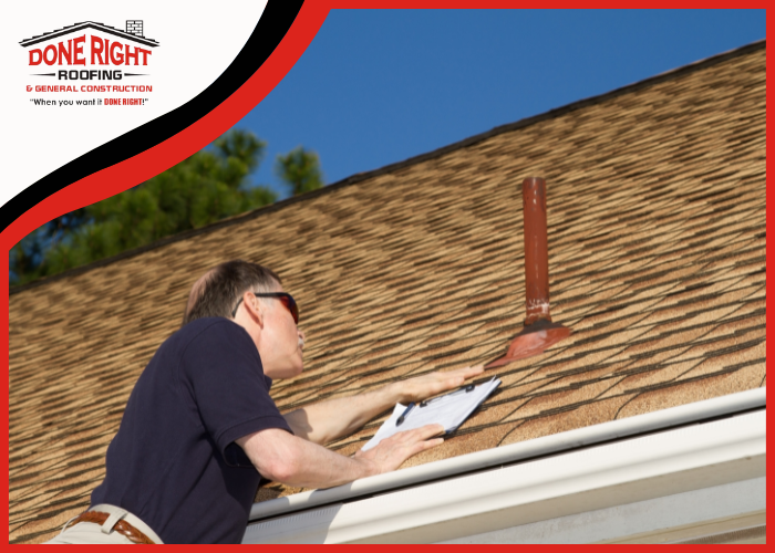Done Right Roofing technician inspecting roof damage in Hutto.