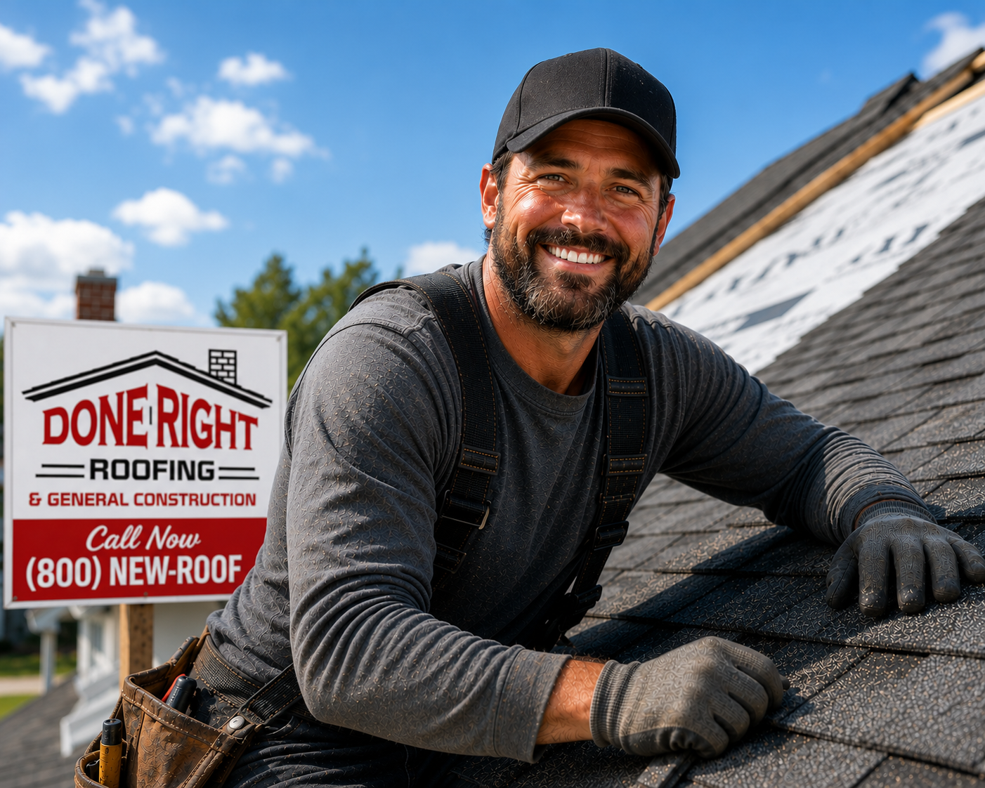 Professional roofer smiling while installing a new shingle roof for Done Right Roofing & General Construction